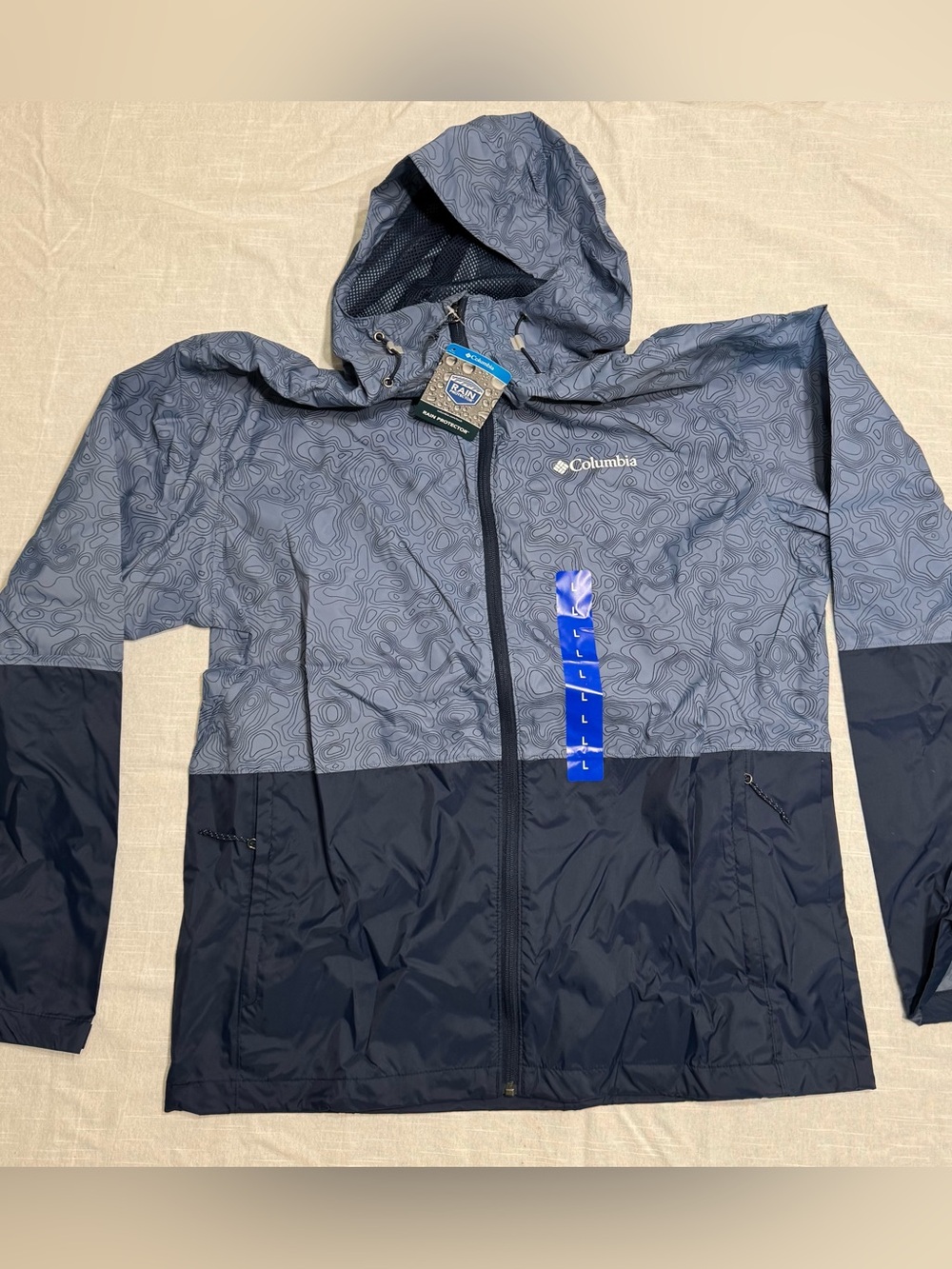 NWT COLUMBIA Men’s Roan Mountain Rain Jacket Mountain Topo Print/Navy - Picture 1 of 3